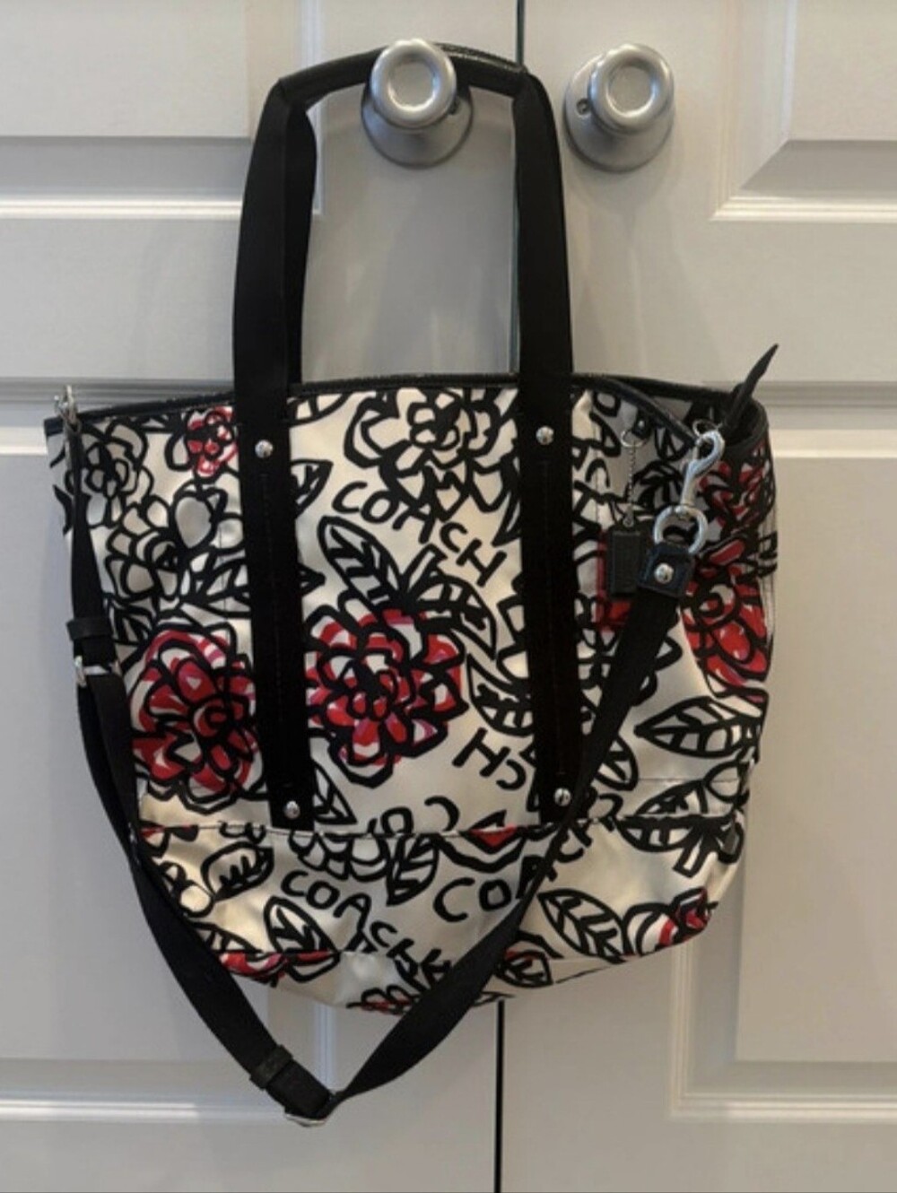 Coach Large Floral Print Tote Bag – White with Black & Red Flowers